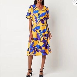 NWT Liz Claiborne Yellow Floral Midi Dress Womens 16 Spring Summer Easter